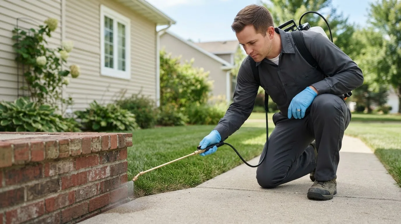 Pest control technician treating a home near New Bloomfield, MO