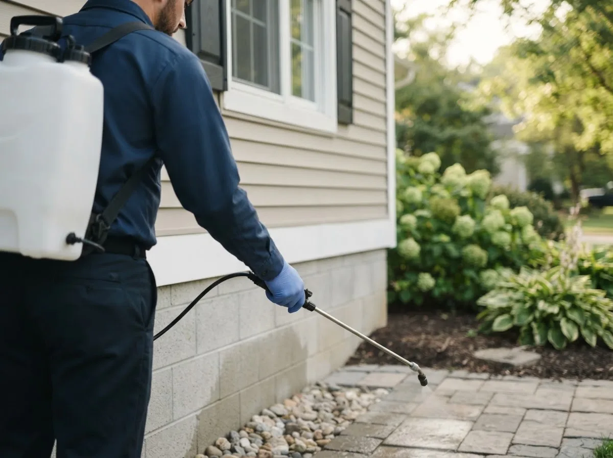 Pest control technician inspecting a home in New Bloomfield, MO
